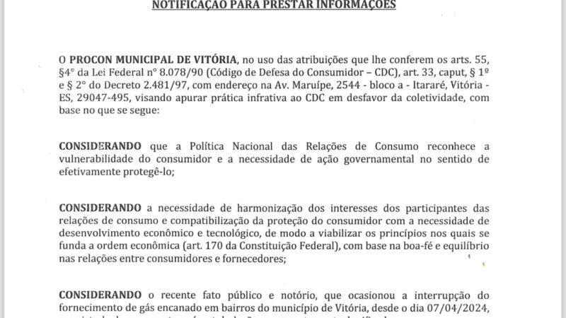 Procon de Vitória notifica empresa após interrupção do serviço de gás